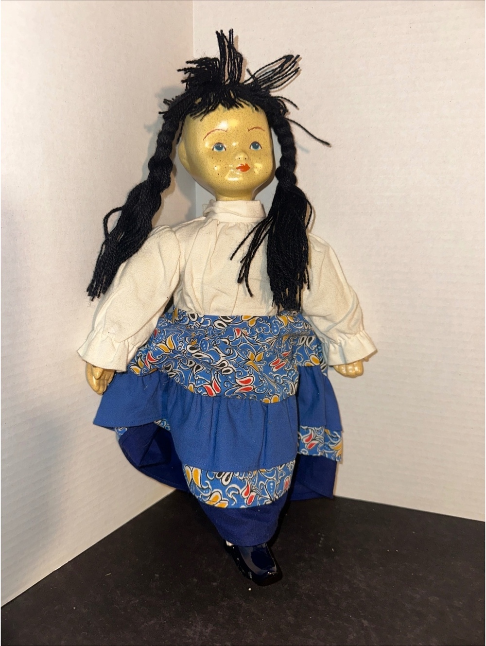 Vintage 14" Unmarked Doll Yarn Hair Braids Composition Head Blue Dress Used
